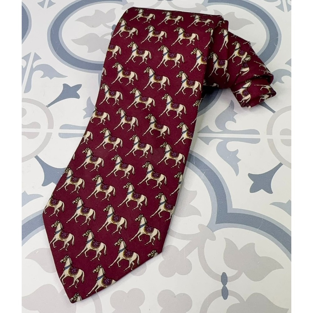 Brooks Brothers Tie Men's Necktie Horse AOP Burgundy Made in USA Silk‎ Classic